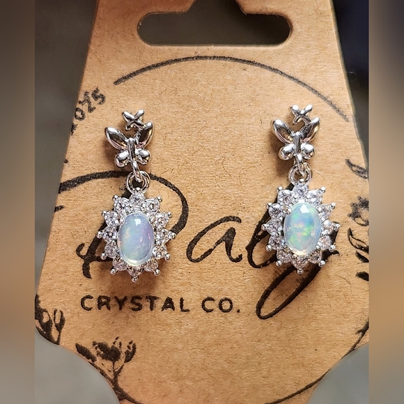 Hand Crafted Jewelry - White Opal 925 Sterling Silver Butterfly Dangle Stud Earrings